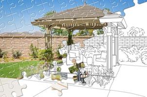 Puzzle Pieces Fitting Together Revealing Finished Pergola Gazebo Build Over Drawing photo