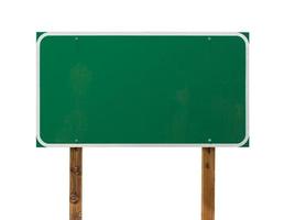 Blank Green Road Sign with Wooden Posts Isolated on a White Background photo