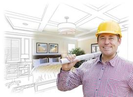 Contractor in Hard Hat Over Custom Bedroom Drawing and Photo