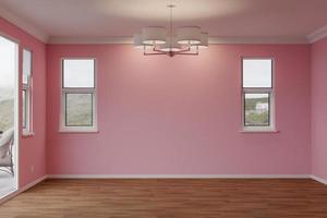 Ilustración en 3d de una habitación de casa recién remodelada con suelos de madera, molduras, pintura rosa chicle clara y luces de techo. foto