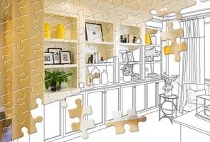 Puzzle Pieces Fitting Together Revealing Finished Built-In Build Over Drawing photo