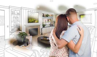 Military Couple Looking Over Living Room Design Drawing Photo Combination