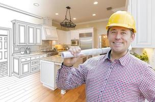 Contractor in Hard Hat Over Custom Kitchen Drawing and Photo