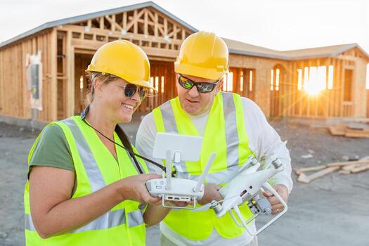 Workers with Drone Quadcopter Inspecting Photographs on Controller At Contruction Site photo