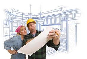 Contractor Discussing Plans with Woman, Kitchen Drawing Behind photo