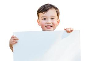 Chinese and Caucasian Boy Holding Blank Poster Board Isolated on White Background. photo