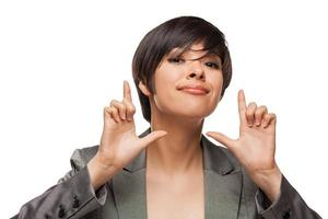 Pretty Biracial Girl Framing Her Face with Her Hands Isolated Against White Background. photo