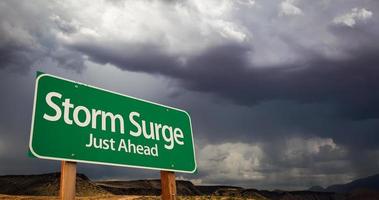 Storm Surge Just Ahead Green Road Sign and Stormy Clouds photo