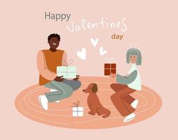 día de san valentín, hombres y mujeres jóvenes se felicitan mutuamente, pareja de ancianos amorosa, personajes de edad avanzada que datan, pancarta conceptual, afiche ilustración vectorial de fideos plana moderna vector