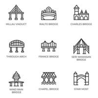 conjunto de iconos de línea de arquitecturas de puentes vector