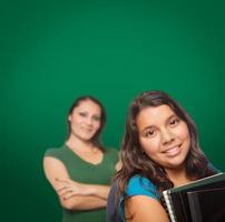Blank Chalk Board Behind Proud Hispanic Mother and Daughter Student photo