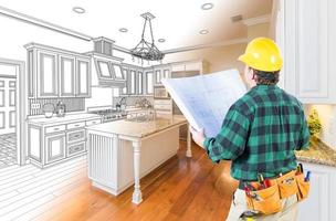 Male Contractor with Hard Hat and Plans Looking At Custom Kitchen Drawing Photo Combination On White.