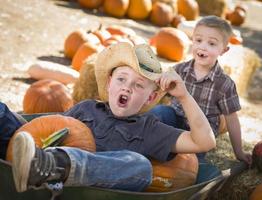 dos niños pequeños jugando en la carretilla en el huerto de calabazas foto