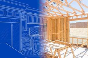 Custom Kitchen Blueprint Design Drawing Gradating Into House Construction Framing photo