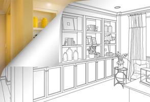 Built-in Shelves and Cabinets Drawing with Page Corner Flipping to Completed Photo Behind