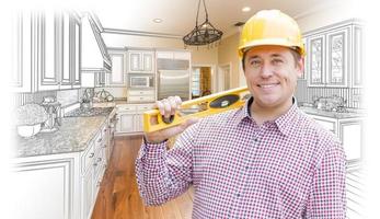 Contractor in Hard Hat Over Custom Kitchen Drawing and Photo