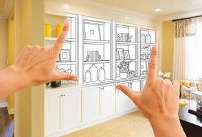 Hands Framing Custom Built-in Shelves and Cabinets Design Drawing with Section of Finished Photo. photo