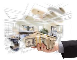 Handing Stack of Money Over Bedroom Drawing Photograph Combination photo