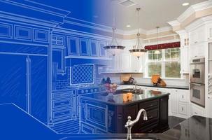 Kitchen Blueprint Drawing Gradating Into Finished Build photo