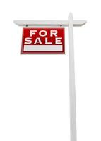 signo de bienes raíces en venta a la izquierda aislado en un fondo blanco. foto