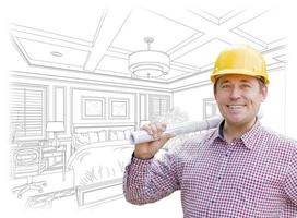 Contractor in Hard Hat Over Custom Bedroom Drawing photo