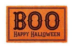 Boo, Happy Halloween Orange Welcome Mat Isolated on White Background photo