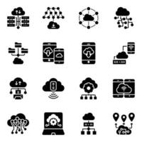 paquete de iconos de glifos de almacenamiento de datos y alojamiento en la nube vector