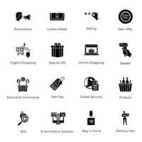 paquete de iconos sólidos de compras en línea y comercio electrónico vector