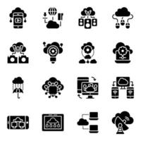 paquete de iconos de glifos de alojamiento en la nube y el servidor vector