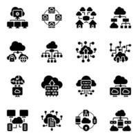 Pack of Devices and Cloud Hosting Glyph Icons vector