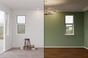 3D Illustration of Unfinished Raw and Newly Remodeled Room of House Before and After with Wood Floors, Moulding, Green Paint and Ceiling Lights.