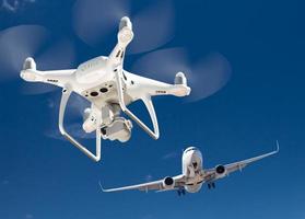 Unmanned Aircraft System Quadcopter Drone In The Air Too Close To Passenger Airplane. photo