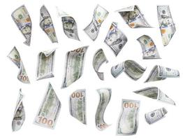 Set of Falling or Floating 100 Bills Each Isolated photo