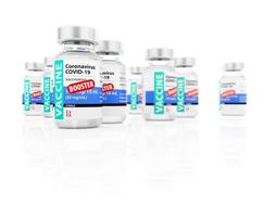 3D Illustration of Coronavirus COVID-19 Vaccine Booster Vials on White Background. photo