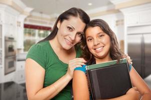 Proud Hispanic Mother and Daughter In Kitchen at Home Ready for School photo