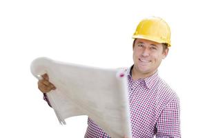 Contractor in Hardhat Holding Blueprints On White photo