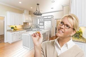Woman With Pencil Over Custom Kitchen Drawing and Photo Combination