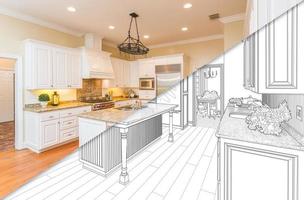 Diagonal Split Screen Of Drawing and Photo of New Kitchen