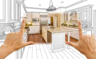 Hands Framing Custom Kitchen Design Drawing and Square Photo Combination