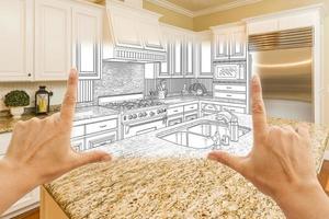 Hands Framing Custom Kitchen Design Drawing and Square Photo Combination