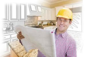 Contractor Holding Blueprints Over Custom Kitchen Drawing and Photo