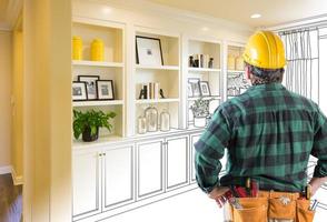 Contractor Facing Custom Built-in Shelves and Cabinets Design Drawing Gradating to Finished Photo