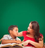 Blank Chalk Board Behind Hispanic Young Boy and Famale Adult Studying photo