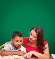 Blank Chalk Board Behind Hispanic Young Boy and Famale Adult Studying photo