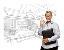 Woman with Okay Sign Over Bedroom Design Drawing photo