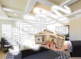 Handing Stack of Money Over Bedroom Drawing Photograph Combination photo