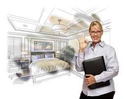 mujer con signo de acuerdo sobre combinación de foto de dibujo de dormitorio personalizado
