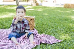 Young Mixed Race Boy Sitting in Park Near Picnic Basket photo