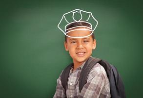 Young Hispanic Student Boy Wearing Backpack Front Of Blackboard with Policeman Hat Drawn In Chalk Over Head photo