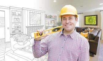 Contractor in Hard Hat Over Living Room Drawing and Photo